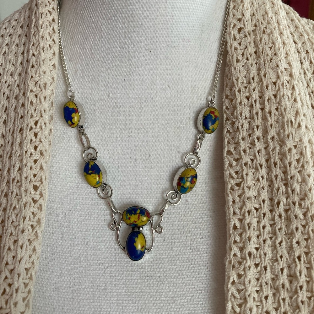 NEW Mosaic Jasper, 925 Silver Necklace - Picture 3 of 5